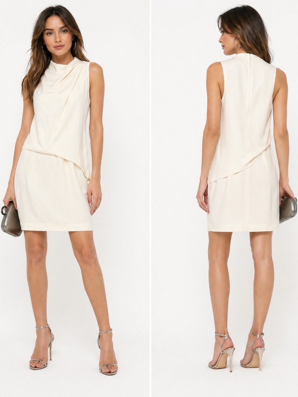 Halston Heritage Cream Draped Mini Dress with Asymmetric Neckline cocktail dress